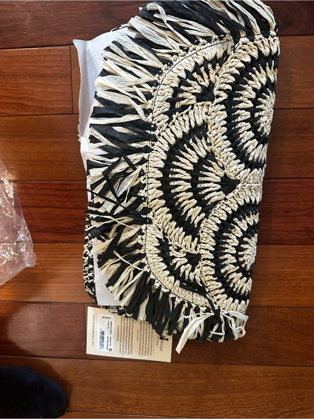 Patricia Nash Woven Fringe Straw Clutch in Black & Cream